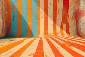 Poster - Colorful pop art background features orange striped walls with a cartoon-like appearance, Pop art background with orange stripes, cartoon background