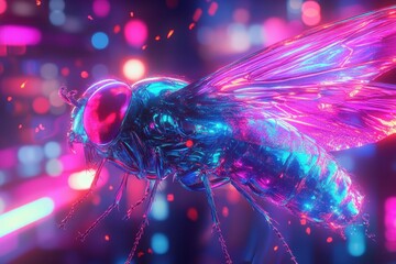 Poster - Exploring neon vibrancy in a futuristic fly illustration set against an abstract background, Neon Fly Abatrct Backgroun