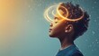 © olga_demina - Profile of young child with closed eyes and futuristic golden halo visualizing universe, galaxy, planets and stars, exploring space with innovative technology