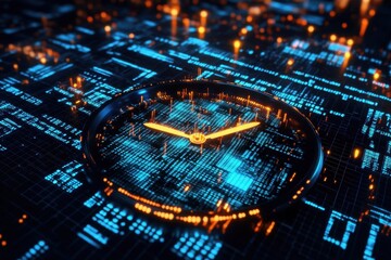 Poster - Clock displays time against a backdrop of digital code and a structured grid, Clock with moving hands over digital code and grid