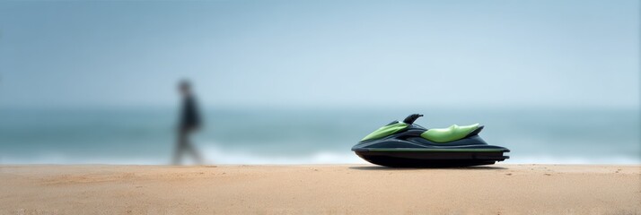 Poster - Modern personal watercraft parked on a sandy beach with gentle ocean waves, offering a serene and inviting scene for watersports enthusiasts