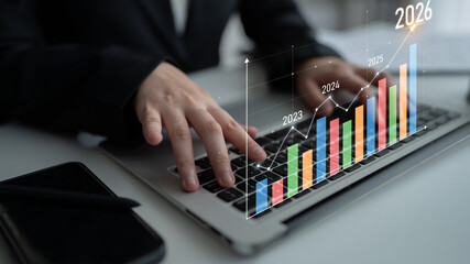 Poster - Business growth forecast highlights increasing trends new year 2026. Growth forecast data, growth forecast strategy, and growth forecast planning are key elements. Latch