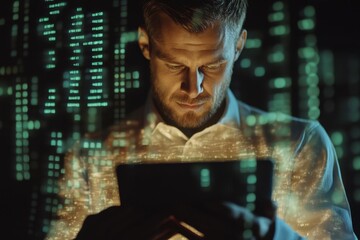Fototapete - Caucasian businessman engaged in digital data processing on a tablet with abstract projections, digital data processing over caucasian businessman using tablet