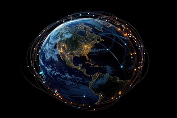 Poster - Growing global network connecting regions across a realistic Earth representation, 3d of a growing network across a realistic earth Abstract global business network concept