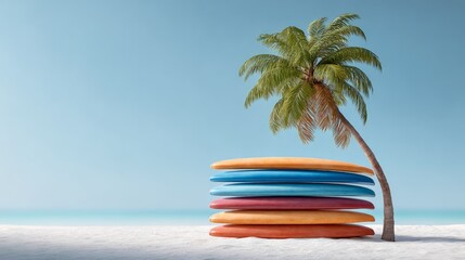 Poster - Stack of colorful surfboards resting on idyllic white sand beach with leaning palm tree and serene turquoise ocean under clear blue sky, creating perfect summer vacation scene