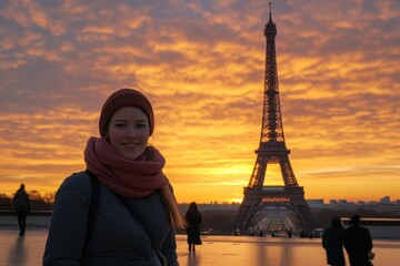  Woman smiles in front of Eiffel Tower during stunning sunrise view in Paris, Woman in Front of Eiffel Tower at Sunrise
