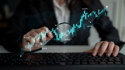 Poster - Stock market analysis with candlestick chart and price movement trend line, highlighting global financial trends, stock trading, and investment strategy insights Latch