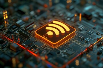 Fototapete - Technology city illuminated by vibrant signal waves over a circuit board, Technology city covered by 5g signal