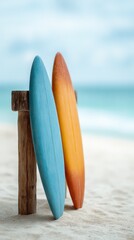 Poster - Two vibrant surfboards, one blue and one orange, standing upright in the warm sand, leaning against a sturdy wooden support, eagerly waiting for an exciting day of catching waves