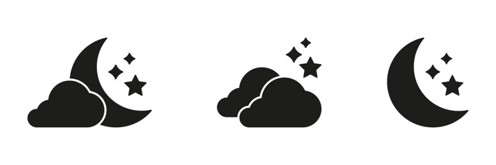 Aufkleber - Moon, Stars, And Clouds Solid Icon Set. Nighttime Weather, Sleep, And Dream Symbol Collection. Celestial And Atmospheric Elements. Isolated Vector Illustration