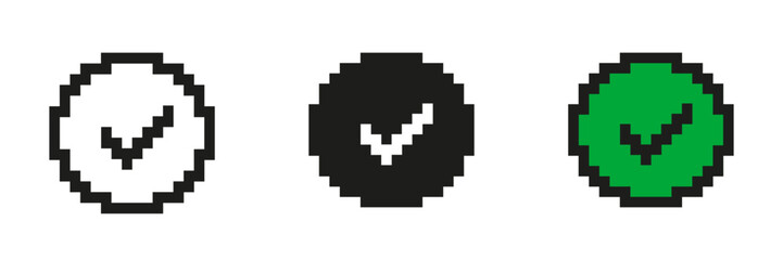 Fototapete - Pixel Art Checkmark In Circle Icon Set. Pixelated Checkmark Inside, Symbol Of Approval Or Completion. Isolated Vector Illustration