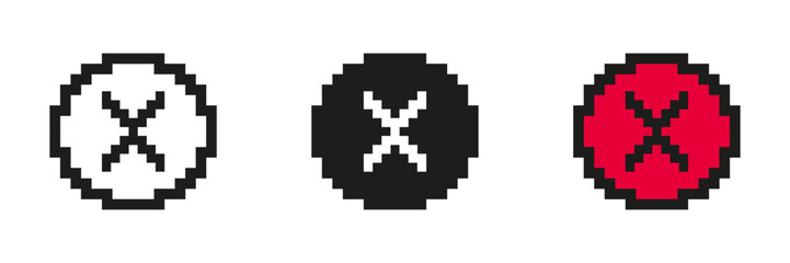 Fototapete - Pixel Art Cross In Circle Icon Set. Pixelated Cross Inside Circle, Symbol Of Cancellation Or Rejection. Isolated Vector Illustration