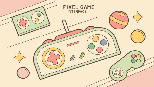 Illustration of pixel game interface with controllers and balls on a light background surface art