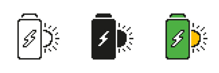 Fototapete - Pixel Art Battery And Sun Icon Set. Pixelated Battery With Lightning Bolt And Sun, Symbol Of Solar Energy. Renewable Solar Power. Isolated Vector Illustration