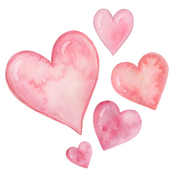A charming set of hand-drawn watercolor hearts, isolated on a white background. Soft, romantic tones evoke feelings of love, joy, and creativity perfect for Valentine's Day or artistic designs.