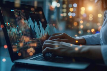Poster - Businessman analyzes financial data on a laptop during evening hours in a modern office environment, businessman using laptop to analyze financial data