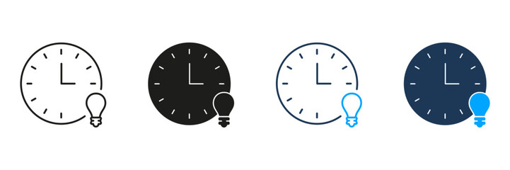 Fototapete - clock with light bulb line and solid icon set. time management and creative ideas symbol collection.