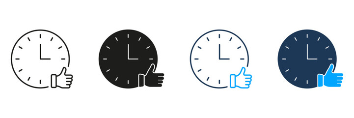 Fototapete - clock with thumbs up line and solid icon set. time management, punctuality, and approval symbol coll
