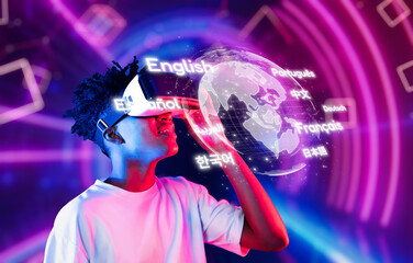 Poster - A young individual interacts with virtual reality technology, exploring languages and translations in a vibrant and futuristic digital environment. Ideal for technology-focused themes. XDMCP