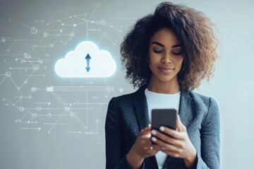 Poster - Business professional checking smartphone while cloud data upload percentage appears in background, cloud with percents and arrow over biracial businesswoman using smartphone