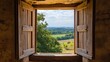 © Creative Insights - A serene countryside scene seen through a wooden window with open shutters and natural light pouring in.