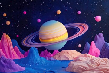 Wall Mural - explore the beauty of saturn amidst vibrant landscapes and colorful celestial bodies, planet saturn