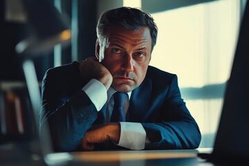Poster - Thoughtful businessman reflecting on strategies while seated at office desk during late afternoon, thoughtful business man sitting at an office desk