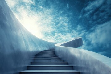Aufkleber - Endless staircase reaching into the sky with a twisting path under a blue cloudy sky, An abstract concept of an endless staircase to the sky