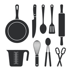 Poster - Culinary Utensils Collection Frying Pan Knife Spoon Spatula Rolling Pin Measuring Cup Whisk Tongs Scissors Kitchenware Set