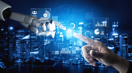 Poster - AI interacts with data analytics dashboard, reading trends, improving decisions, and enhancing insights using advanced data analytics capabilities. Vouch