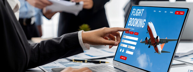 Poster - Business intelligence and data analysis concept. Analyst team working on financial data analysis dashboard on laptop screen as marketing indication for effective business strategic planning. Insight