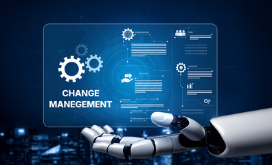 Poster - AI supports business transformation through change management strategies combining innovation, globalization, solution enablement, and team collaboration Vouch