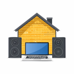 Fototapete - Home Entertainment Setup Laptop Speakers and Brick House Illustration