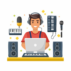 Poster - Smiling Audio Engineer Composing Music with Laptop and Equipment