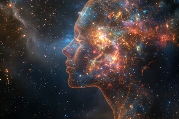 Poster - Cosmic nebula merges with human form, creating a celestial portrait of stars and colors, Nebula in space with stars, created with some elements made with generative AI