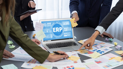 Poster - Analyst team use sticky note for creative and analytic brainstorm for business idea with BI data dashboard on laptop screen. Analysis financial data visualization tech for marketing strategy. Prodigy