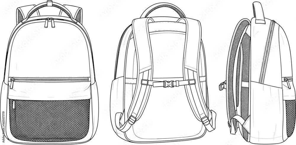 CAD drawing flat vector illustration of backpack design, front back ...