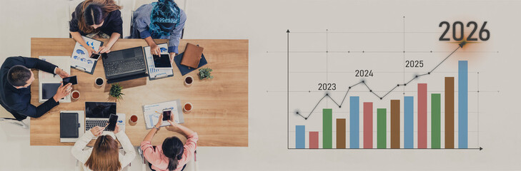 Poster - Business growth forecast highlights increasing trends new year 2026. Growth forecast data, growth forecast strategy, and growth forecast planning are key elements. Vouch