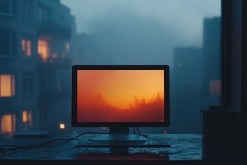 Poster - Weather forecast displayed on a computer screen with foggy urban backdrop at dusk, weather forecast on screen