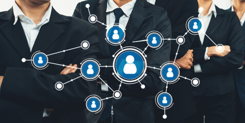 Poster - This image showcases a group of professionals in suits standing confidently, surrounded by a network of icons representing communication and collaboration. Ideal for business-related concepts. Amity