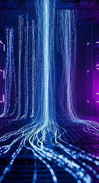 Digital network threads cascade in a futuristic space.