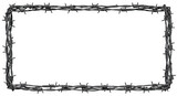 A stark barbed wire frame on a transparent background highlighting the sharp metallic texture and creating a sense of confinement and security