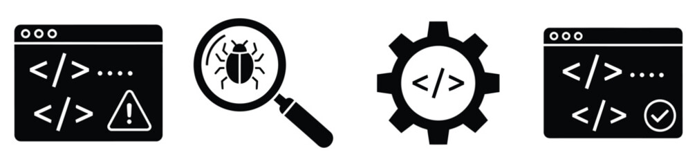 Poster - Discovering code errors with magnifying glass on bug symbol, debugging software, and checking code completion for efficient development and troubleshooting