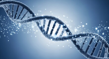 Poster - A close up of a dna strand with blue background and glowing particles around the structure view