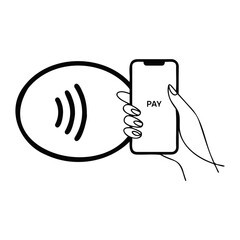 Aufkleber - Hand holding phone with pay on the screen next to contactless payment symbol in black and white design
