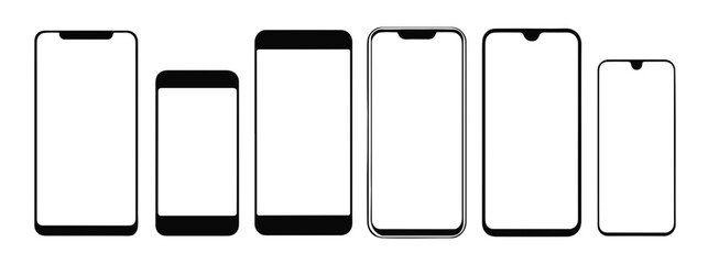 Aufkleber - Silhouette vector Illustration of six different smartphone models with varying screen sizes and notch designs in black and white