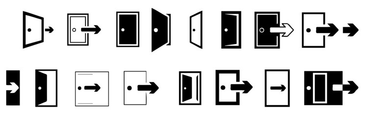 Aufkleber - Various door opening and closing icons in black and white showing different stages and directions of movement
