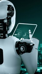Poster - Internet connection controlled by AI robot huminoid and machine learning process to analyze data connectivity and cyber security . 3D rendering .
