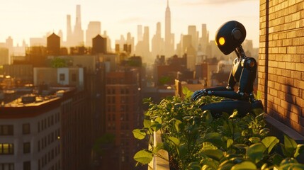 Futuristic robot overlooking city