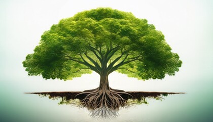 detailed illustration of a tree with green leaves and roots designed for educational or artistic purposes